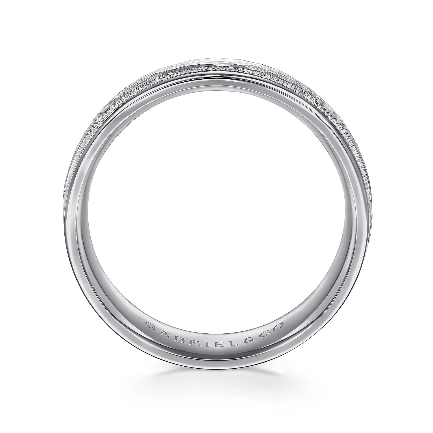 14K White Gold 6mm - Hammered Men's Wedding Band with Milgrain Edge