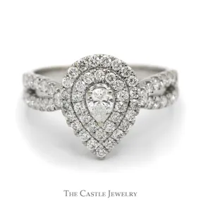 1cttw Pear Cut Diamond Engagement Ring with Double Halo and Accented Split Shank Sides in 10k White Gold