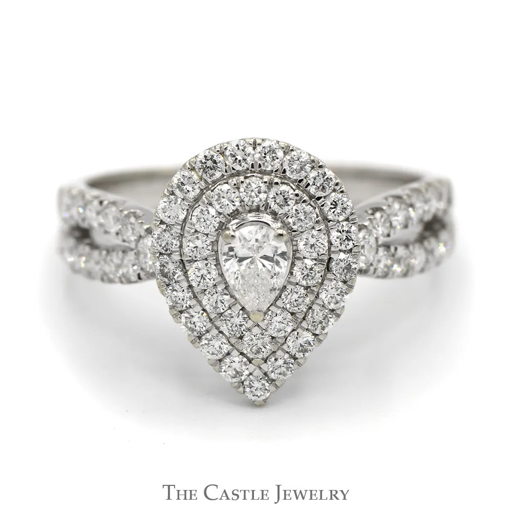 1cttw Pear Cut Diamond Engagement Ring with Double Halo and Accented Split Shank Sides in 10k White Gold