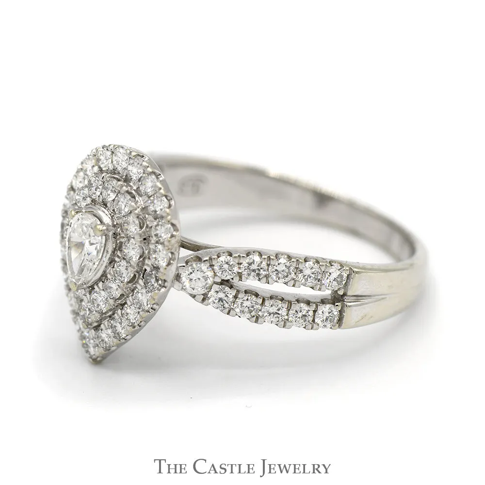 1cttw Pear Cut Diamond Engagement Ring with Double Halo and Accented Split Shank Sides in 10k White Gold