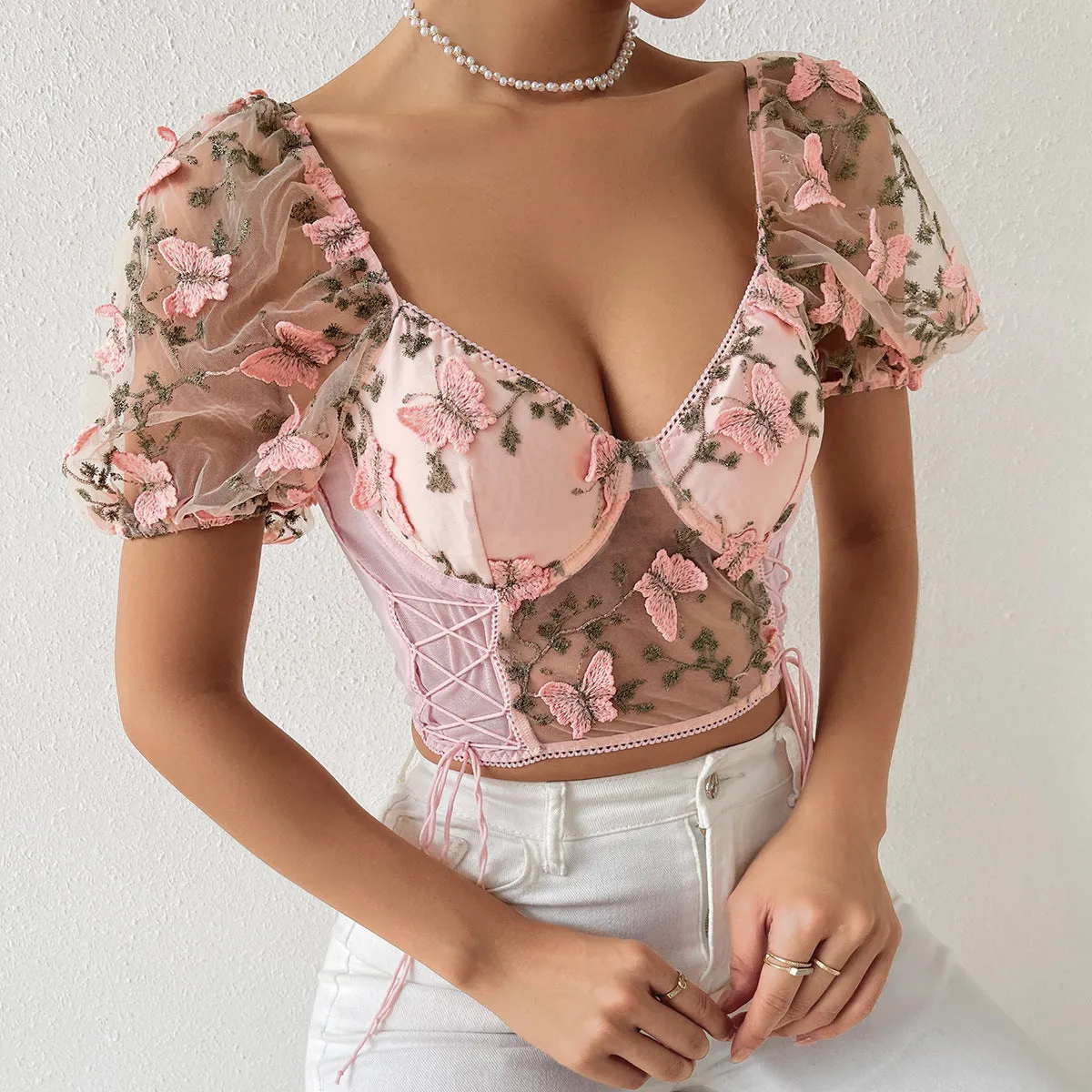 3D Butterfly Embroidery Crop Top