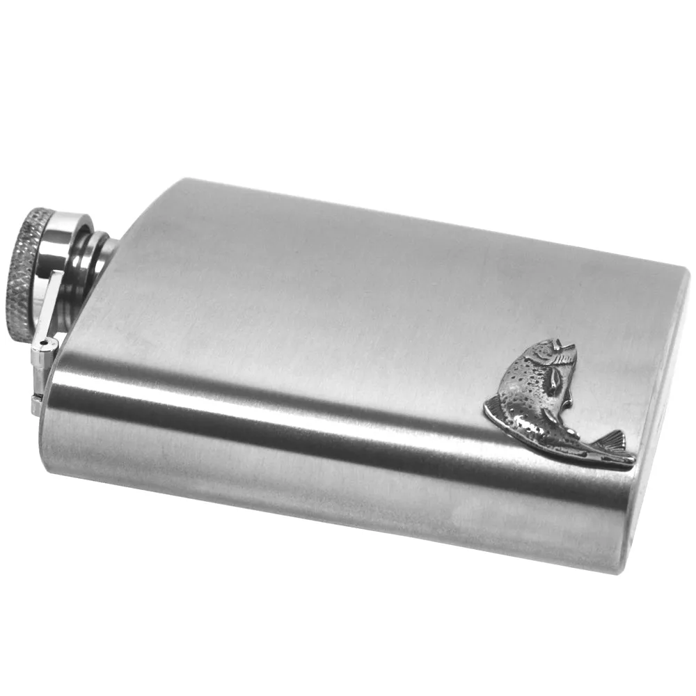 6oz Stainless Steel Hip Flask With Pewter Fishing Trout Emblem