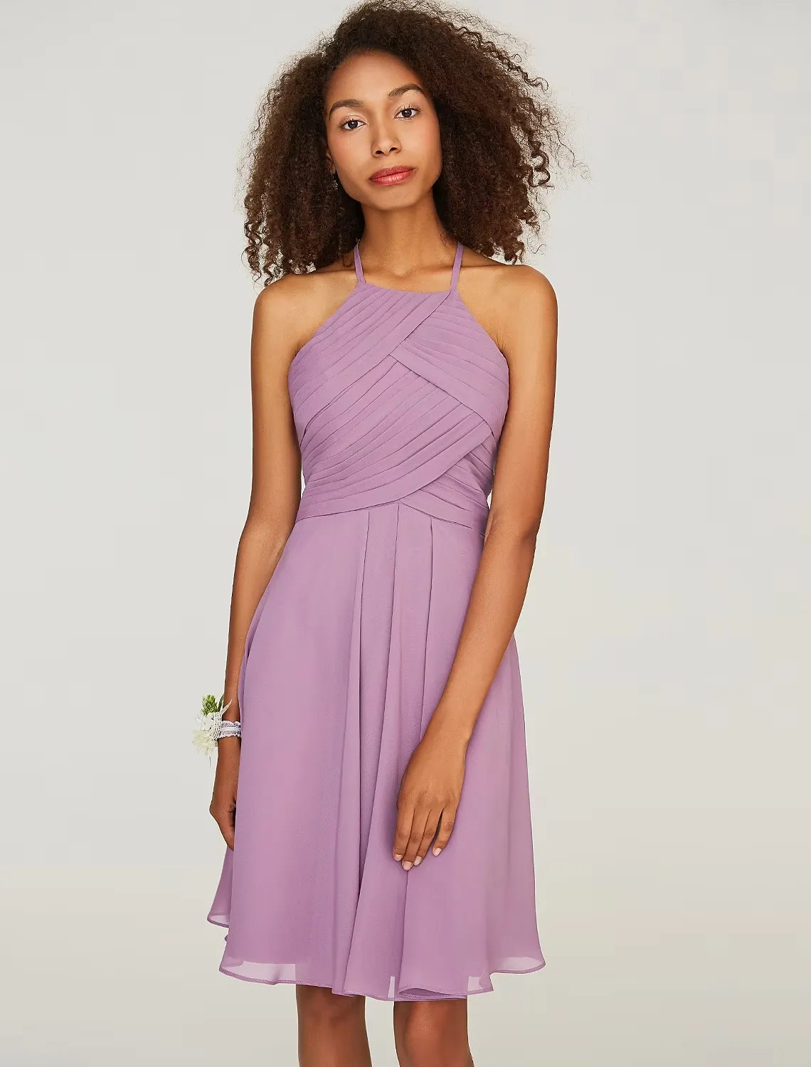 A-Line Bridesmaid Dress Halter Neck Sleeveless Keyhole Knee Length Chiffon with Ruffles