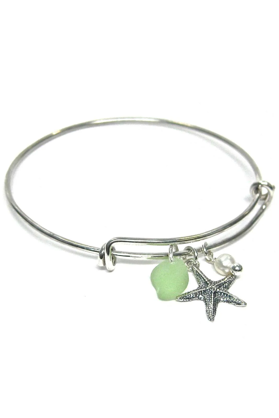 Adjustable Sea Glass Charm Bangle Bracelet with Gift Box