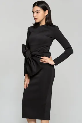 Black Solid Bow Waist Midi Dress