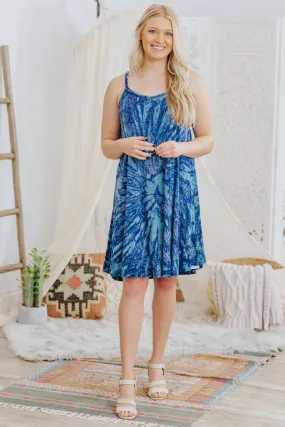 Deep In The Sea Tie Dye Braided Strap Sleeveless Midi Dress in Blue