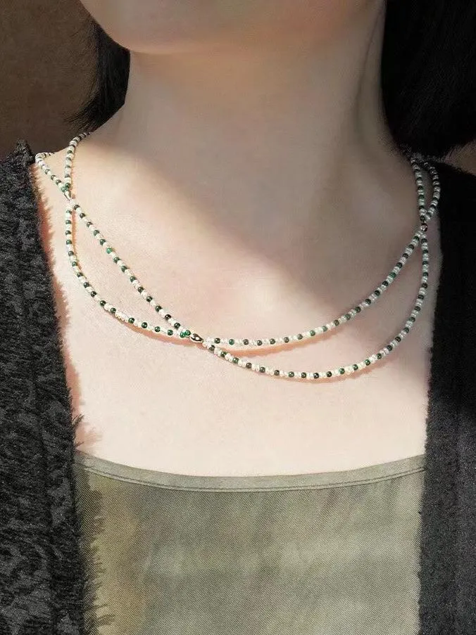 Double-Layer Necklace with Millet Pearls and Gemstone Beads