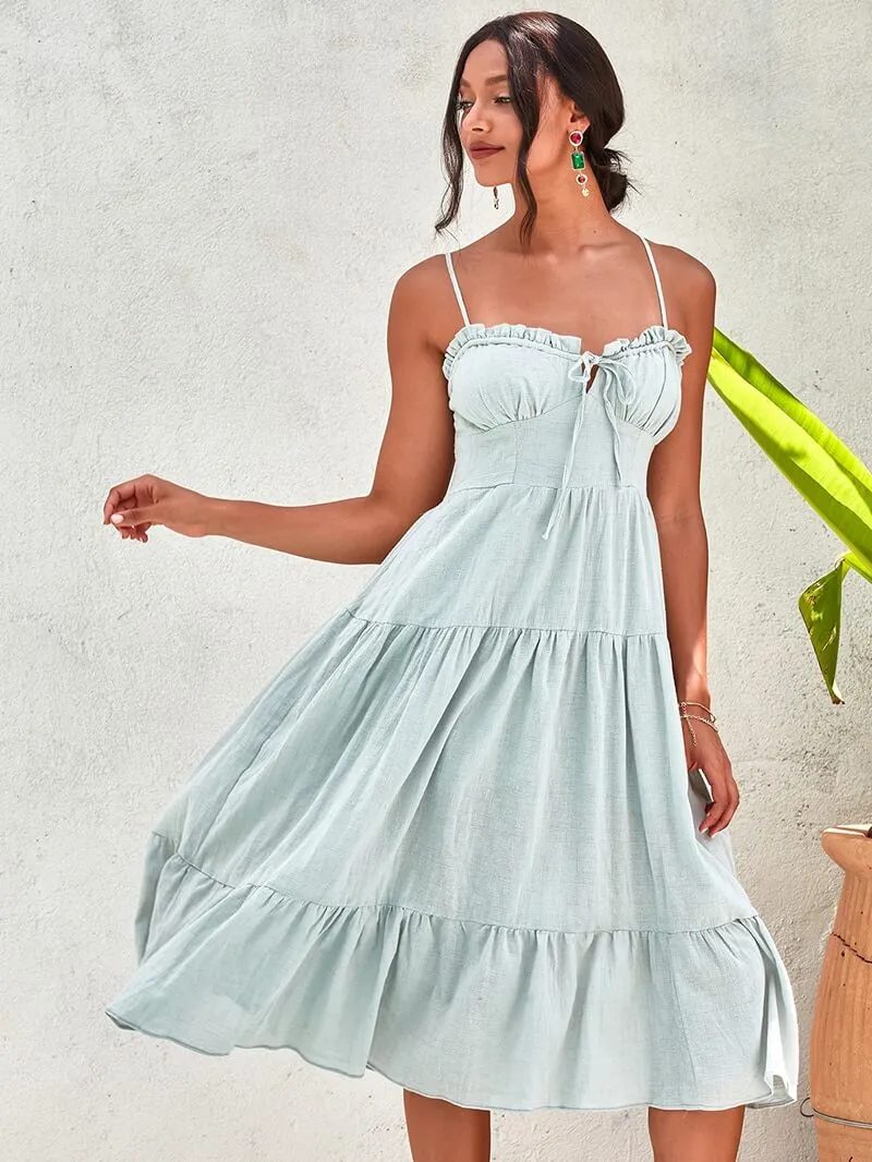 Estrid Pale Green Ruffle Midi Summer Dress