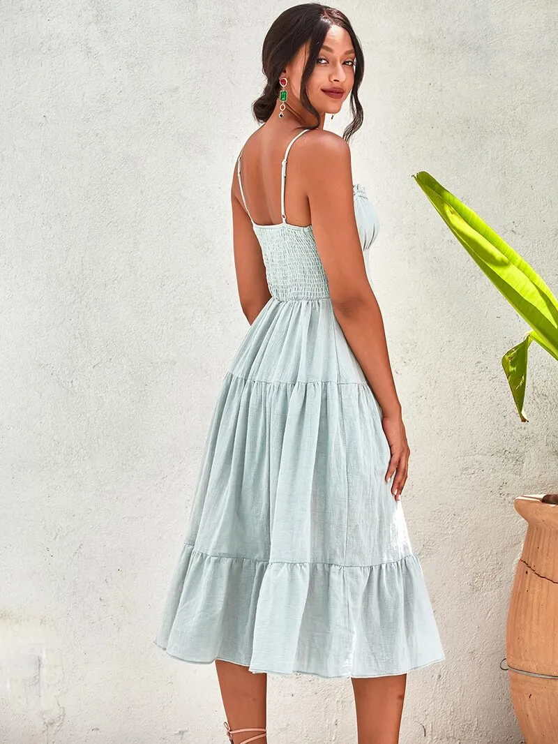 Estrid Pale Green Ruffle Midi Summer Dress