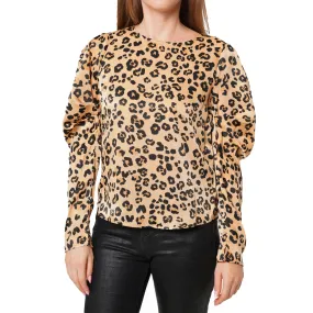 Leopard Print Puffy Shoulder Top in Brown leopard