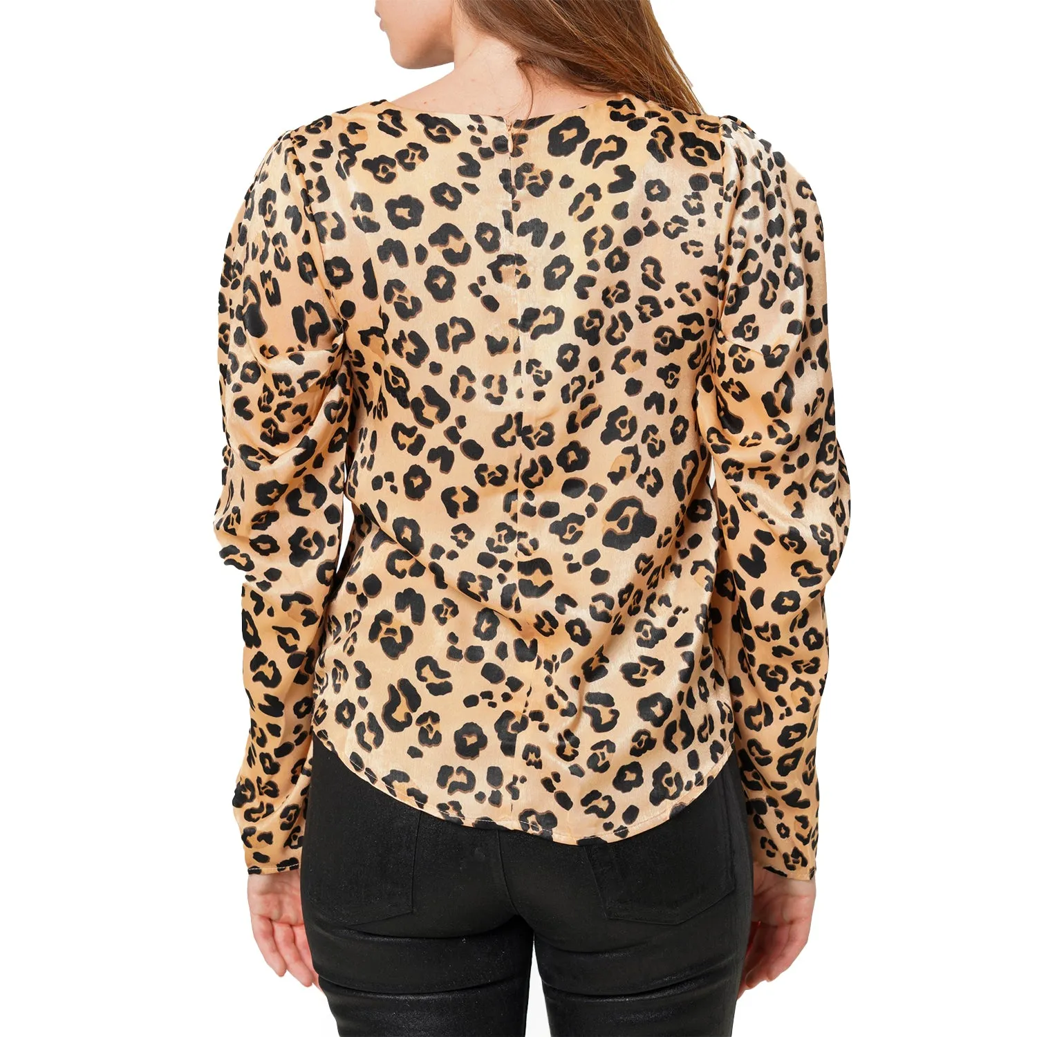 Leopard Print Puffy Shoulder Top in Brown leopard