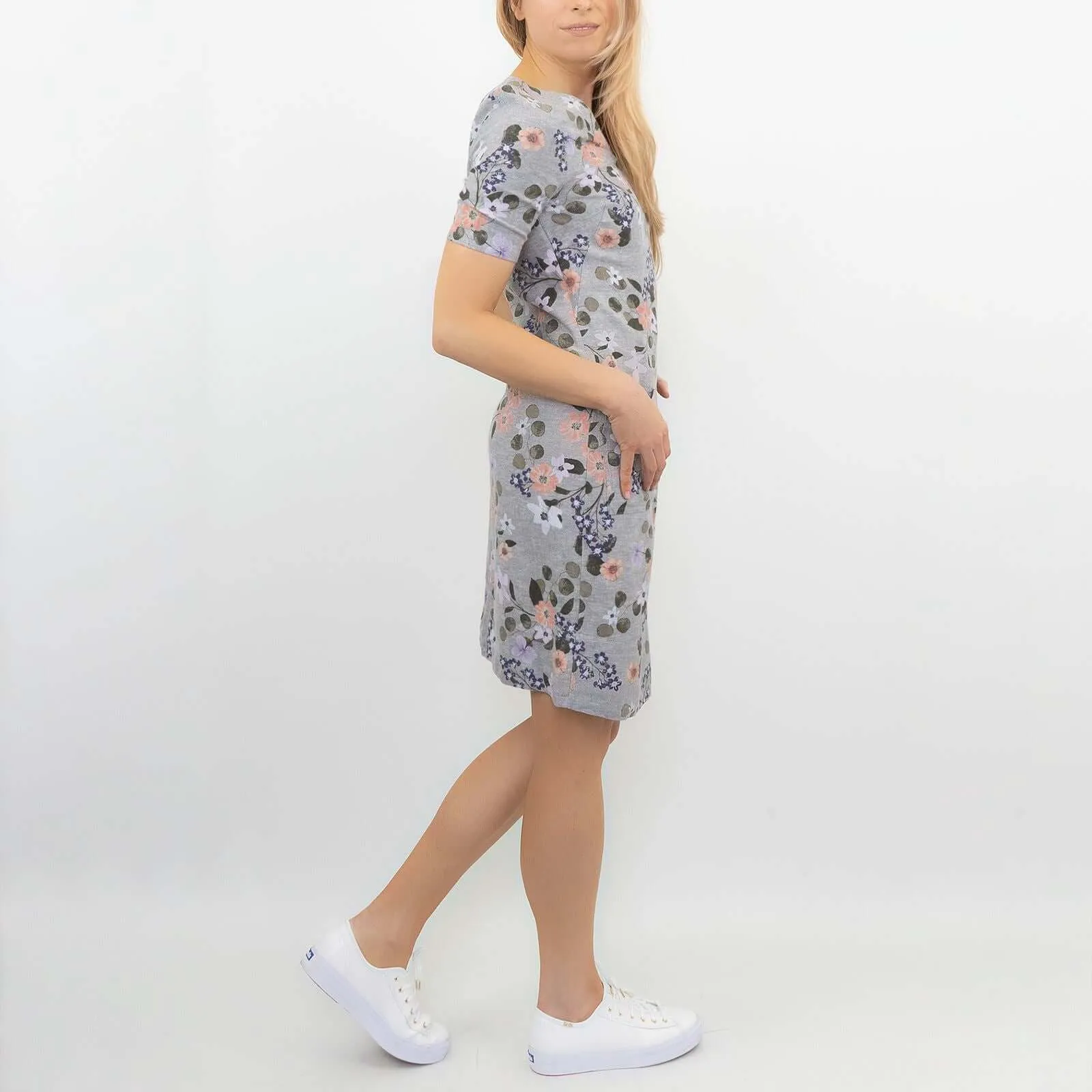 M&S Linen Blend Grey Floral Short Sleeve Casual Shift Dress