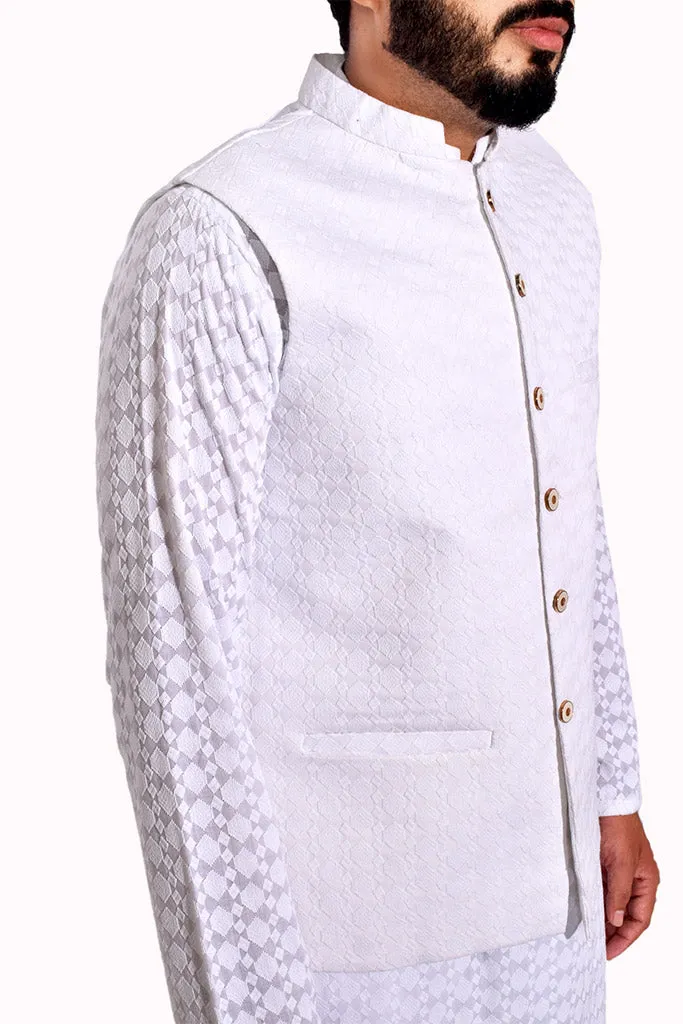 Men Schiffli Fabric Waistcoat White