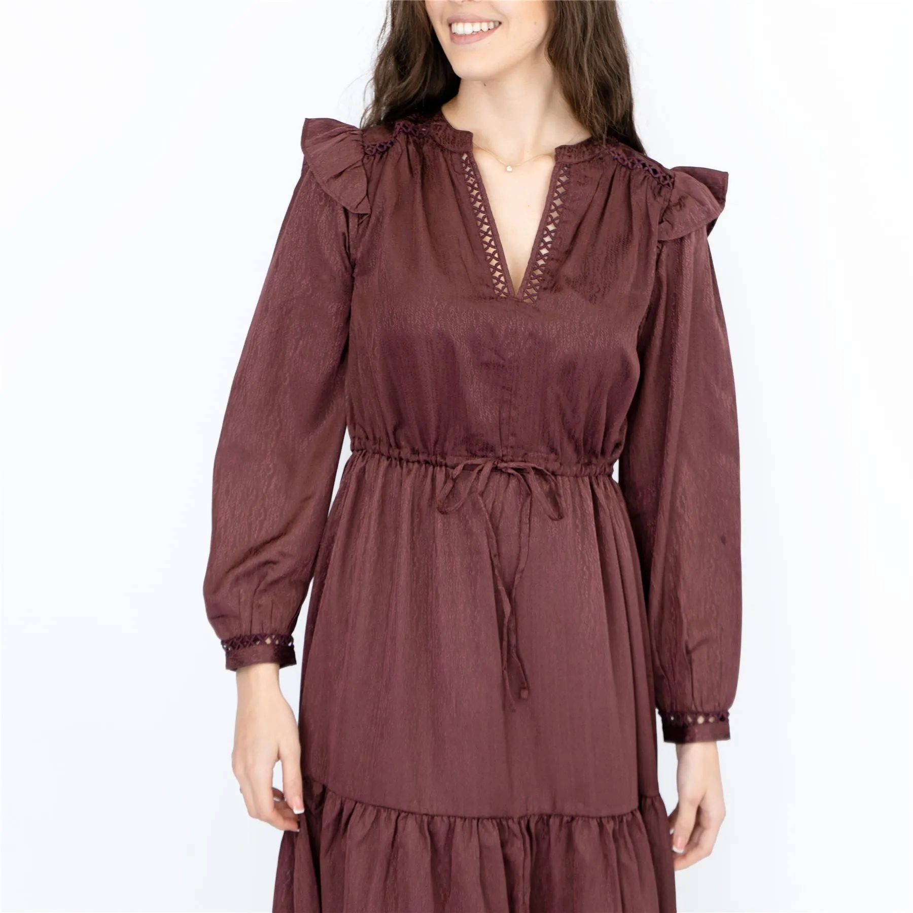 Next Lace Detail Brown V-Neck Long Sleeve Tiered Midi Dress