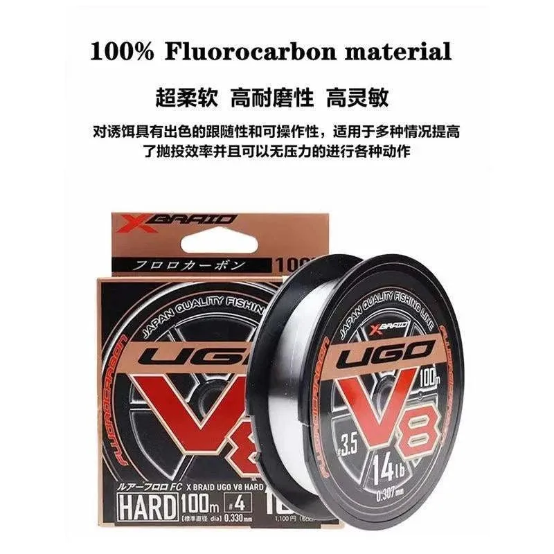 Original YGK X BRAID UGO V8 HARD 100% FLUROCARBON Fishing Line 100M #1-#5 4LB-20LB Super strength Japan QUALITY  fishing lines