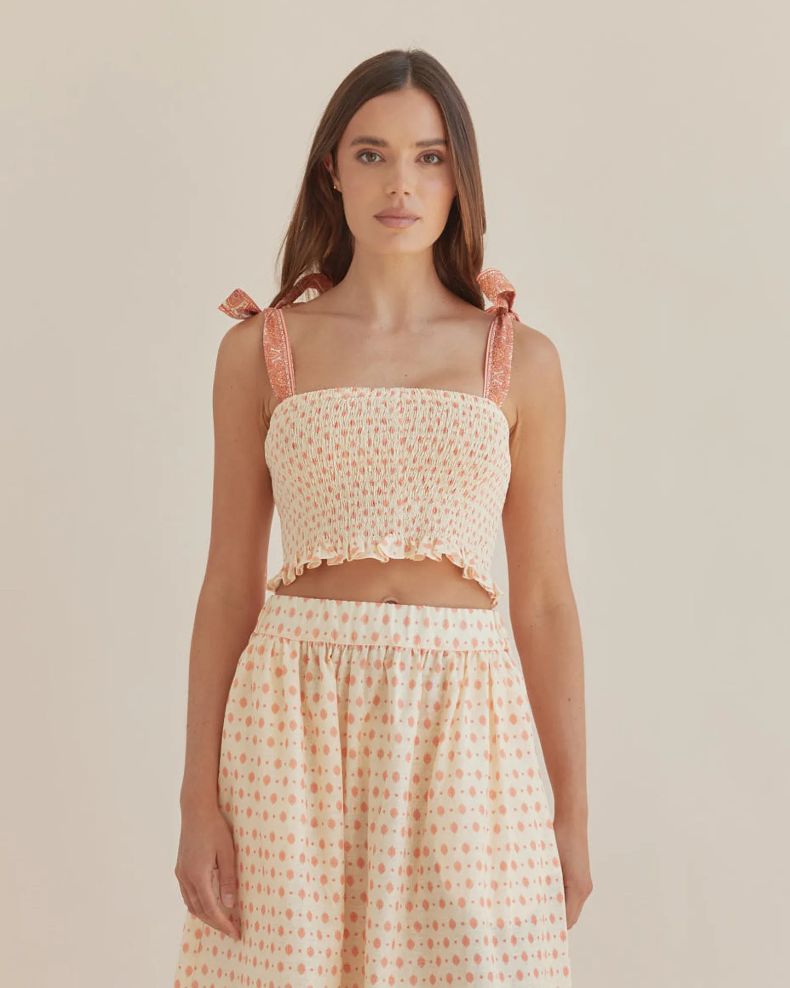 Peach Paisley Shirred Crop Top