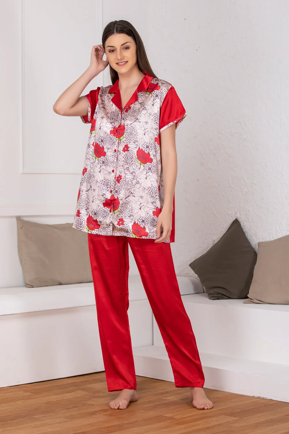 Printed Red Satin Night suit