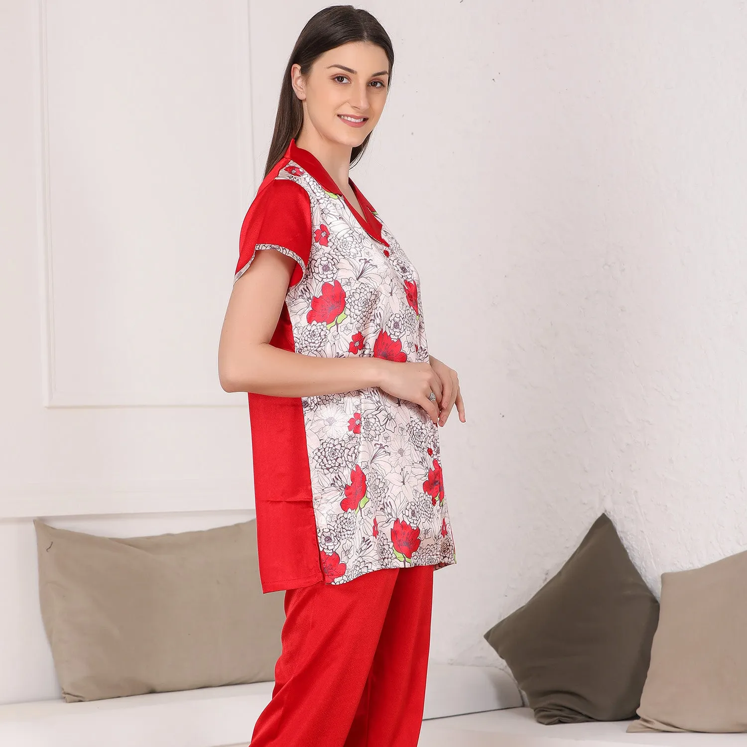 Printed Red Satin Night suit