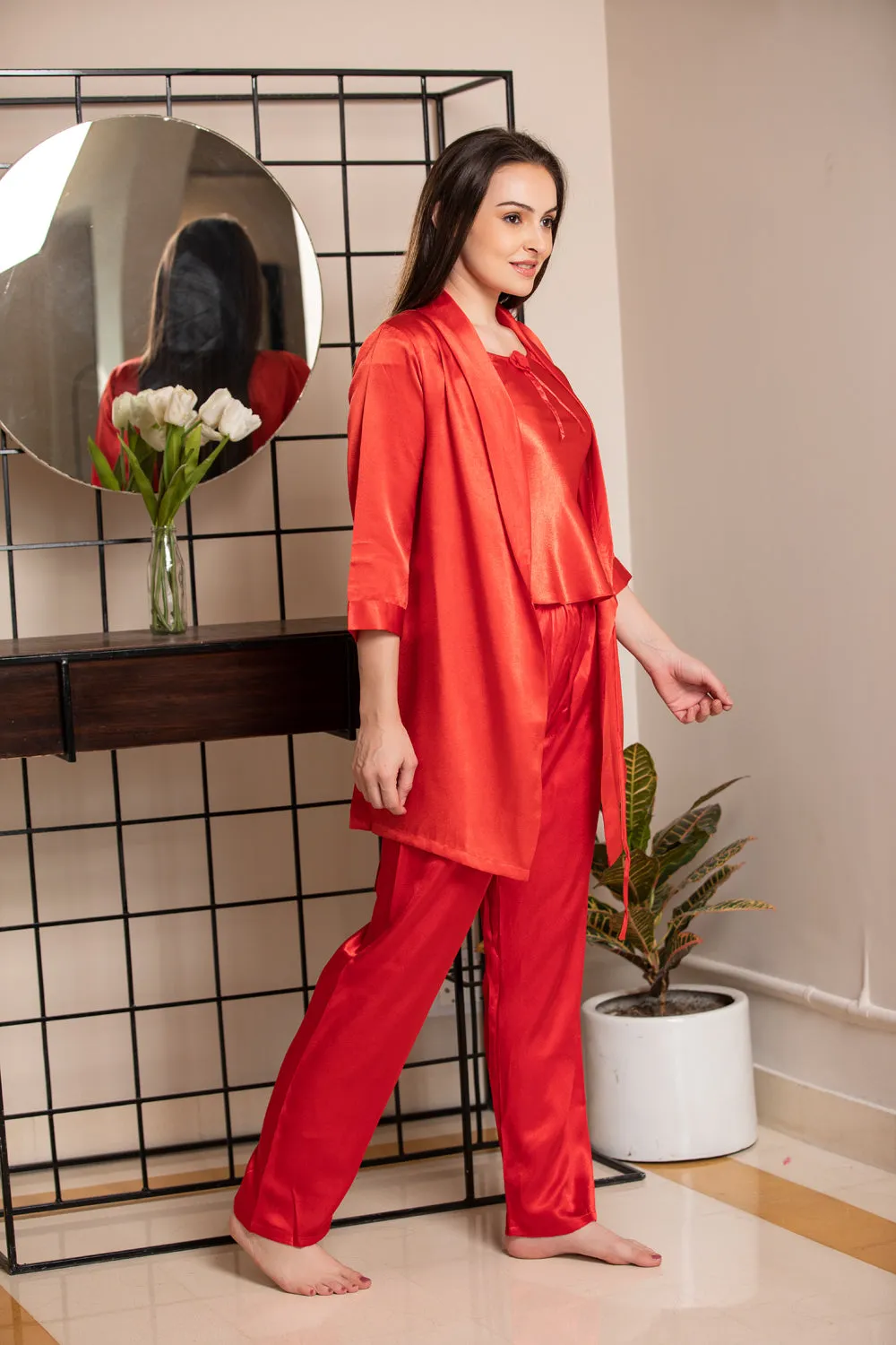 Red satin Night suit with Robe