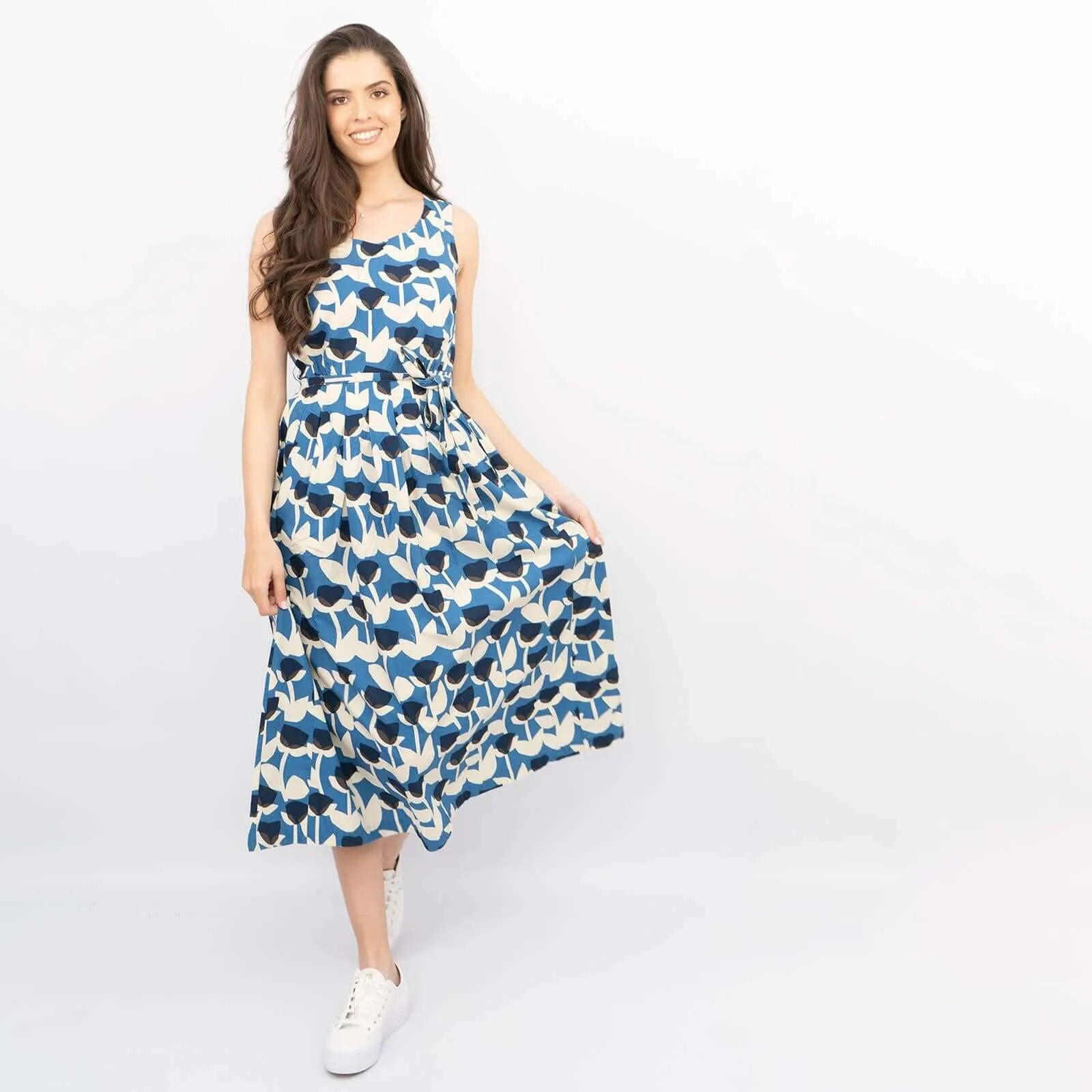 Seasalt Belle Blue Tulip Print Sleeveless Flare Midi Dresses