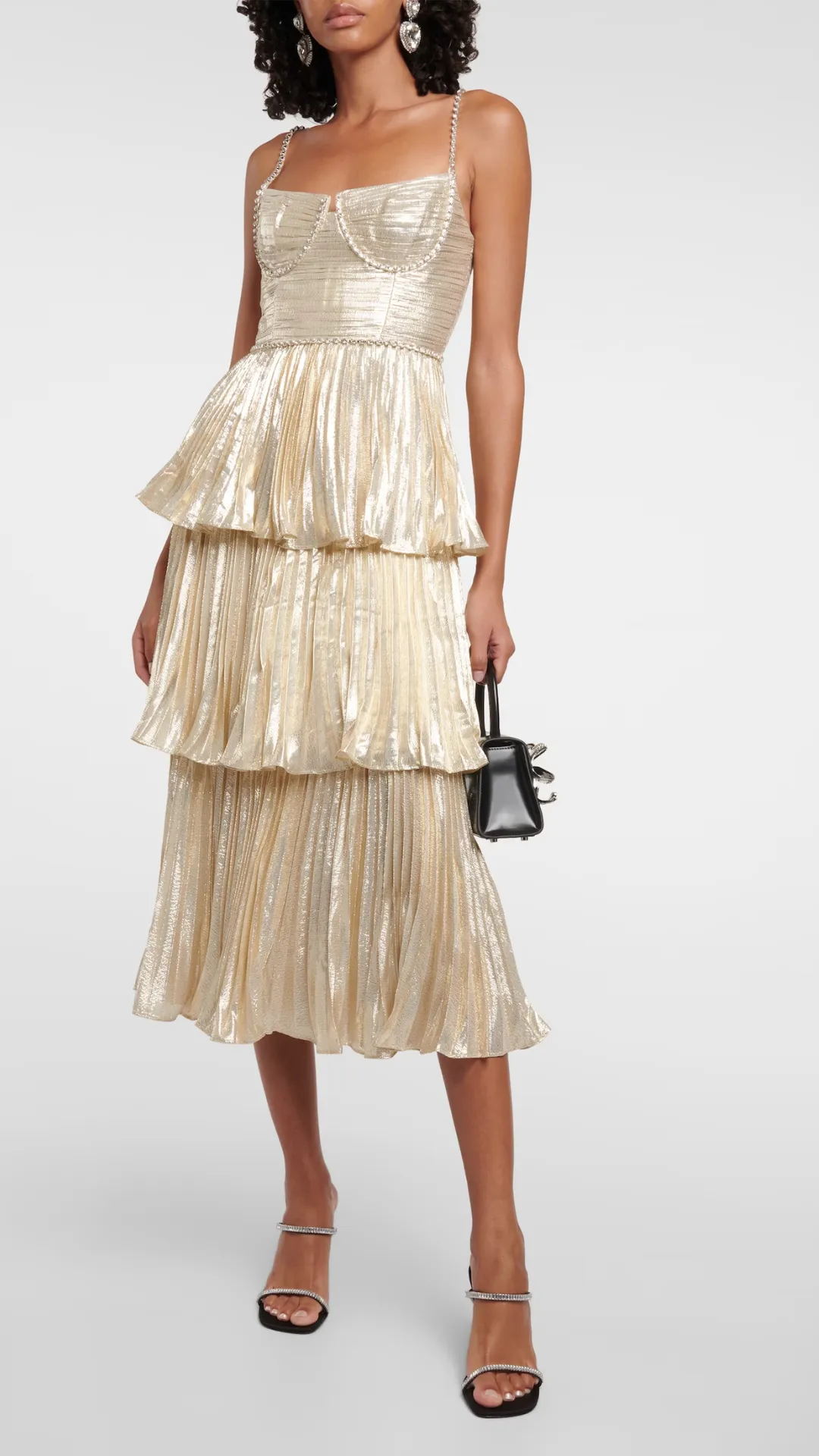 Self-Portrait Gold Metallic Tiered Midi Dress