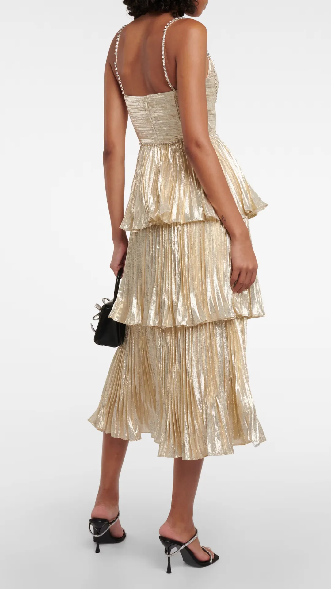 Self-Portrait Gold Metallic Tiered Midi Dress