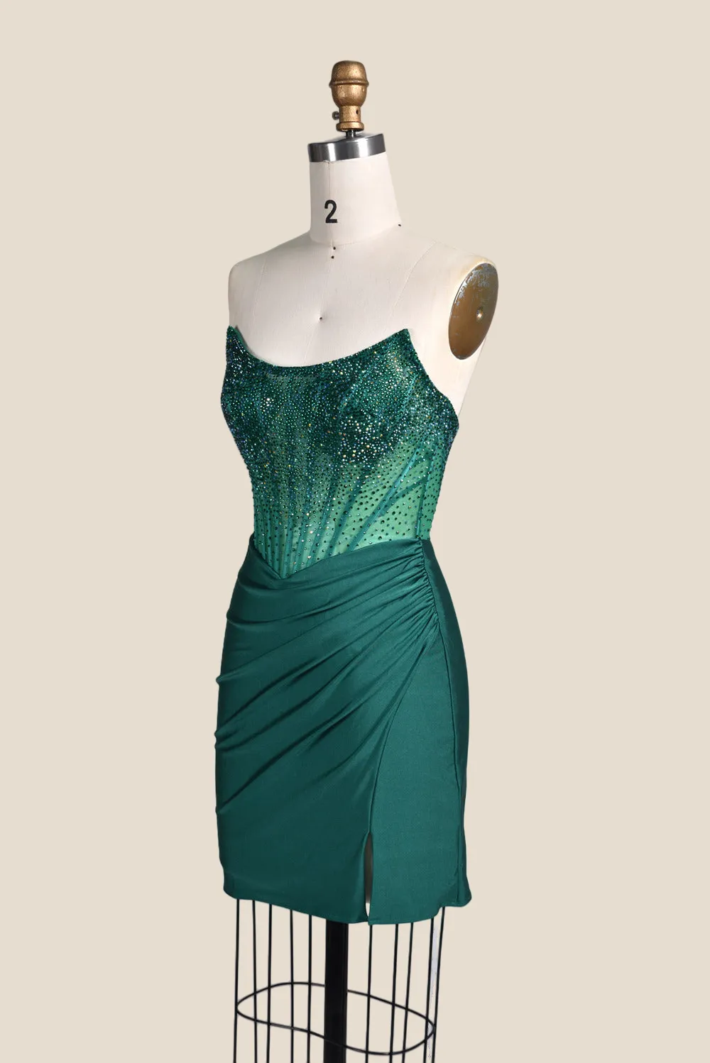 Strapless Emerald Green Beaded Tight Short Dress