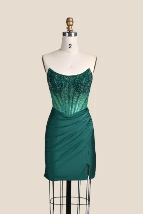 Strapless Emerald Green Beaded Tight Short Dress