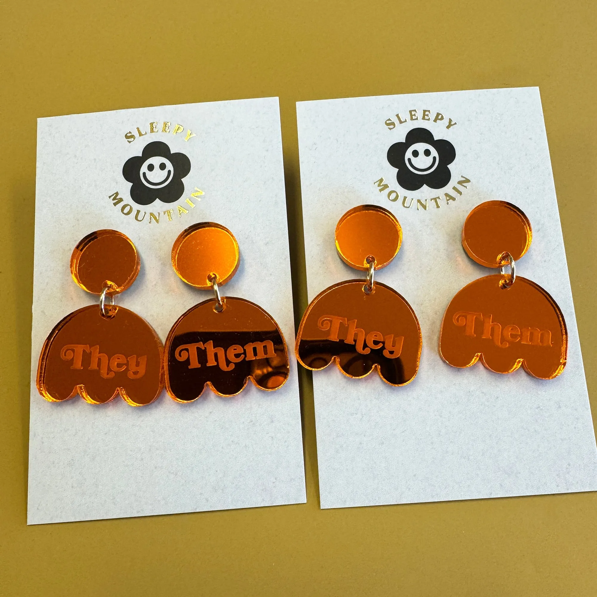 They Them pronoun earrings - orange mirror acrylic