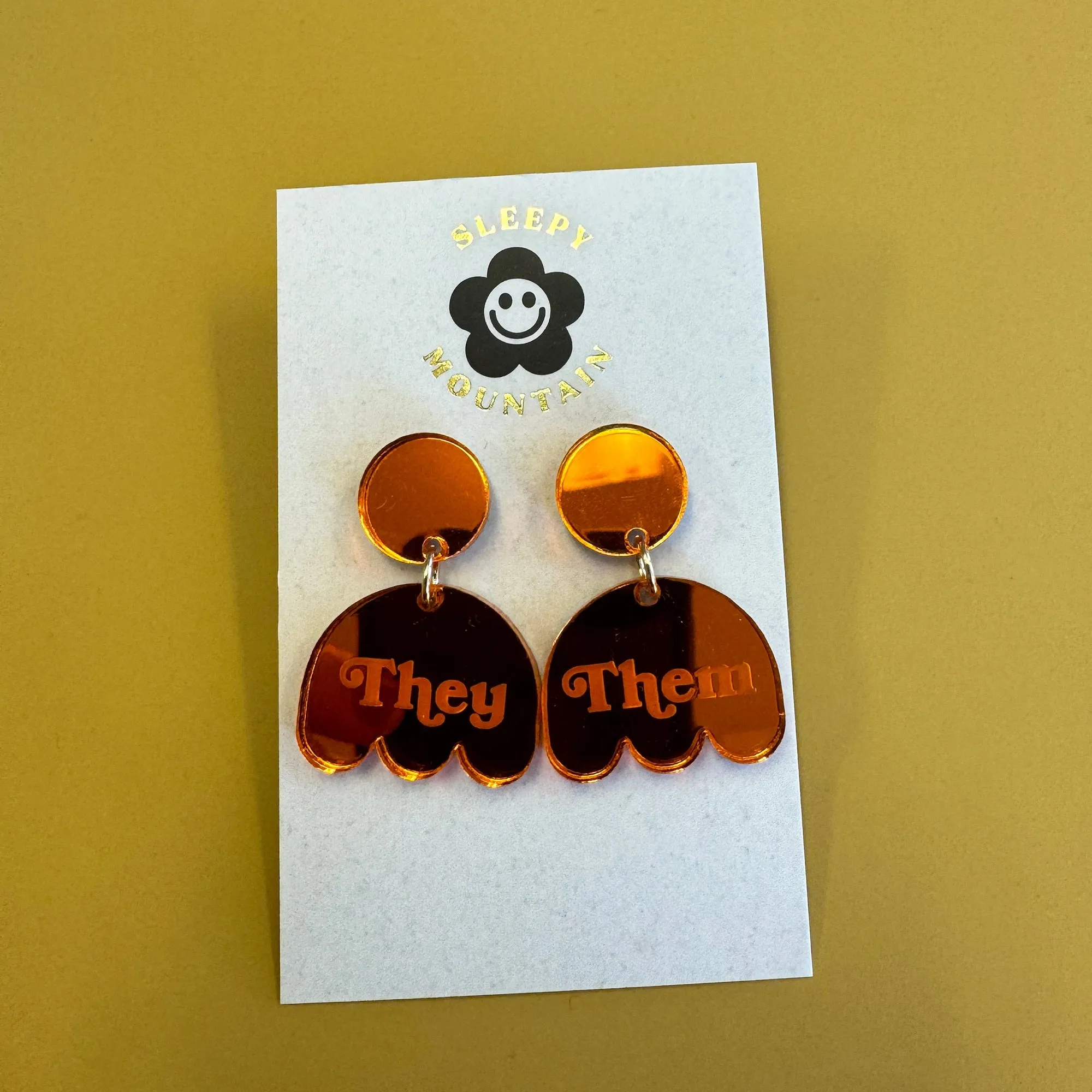 They Them pronoun earrings - orange mirror acrylic