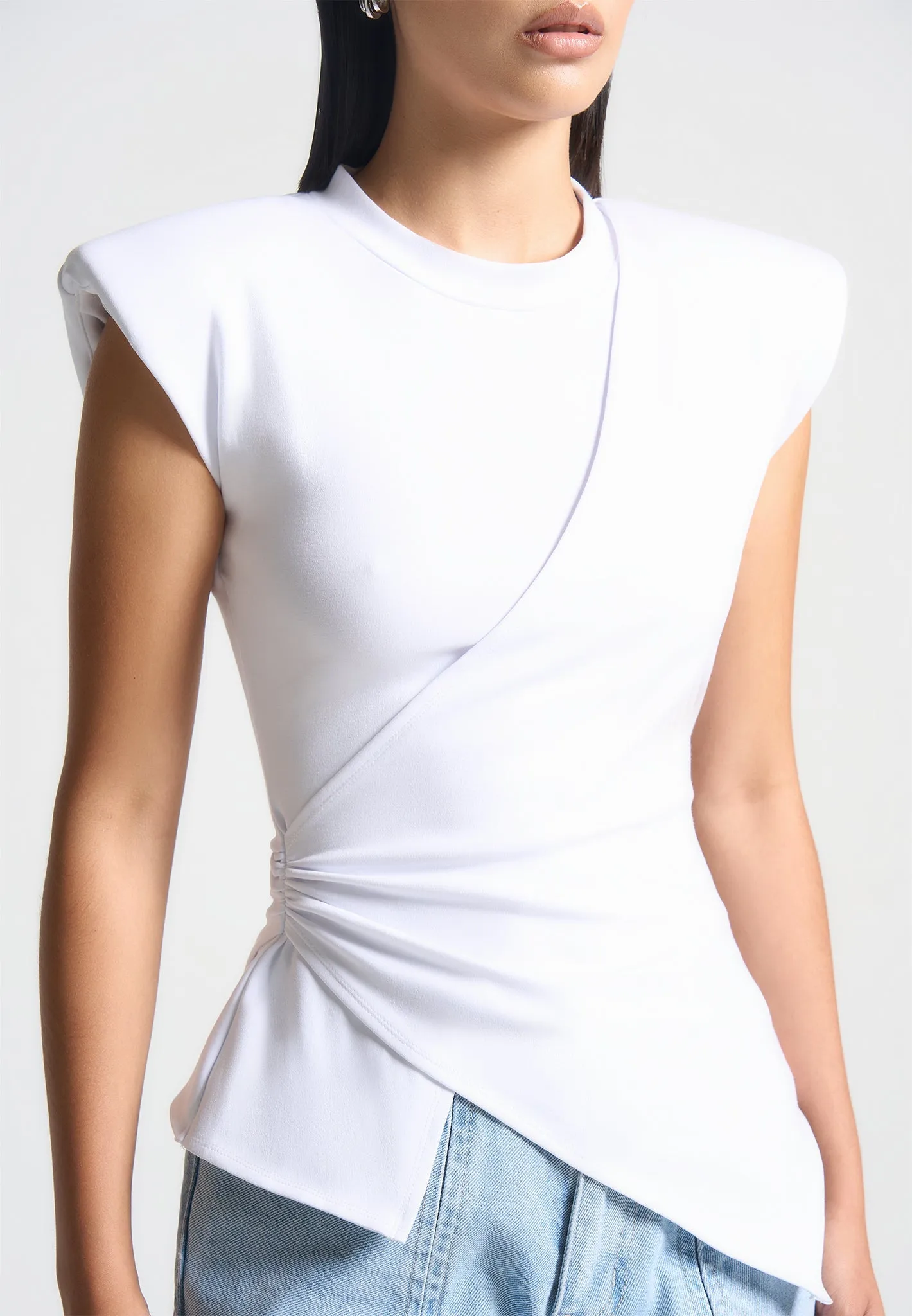 Wide Shoulder Ruched Waist Top - White