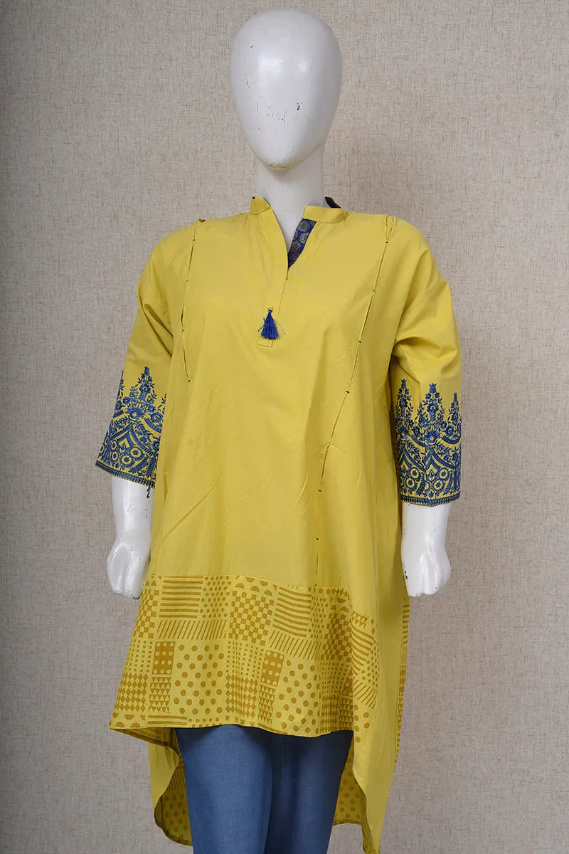 Women Self Printed Embroided Kurti Yellow